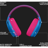 Logitech G435 LIGHTSPEED & Bluetooth Wireless Gaming Headset, featuring 45Ω impedance, up to 10m wireless range, 20Hz–20kHz frequency response, and up to 18 hours of battery life, in Blue.